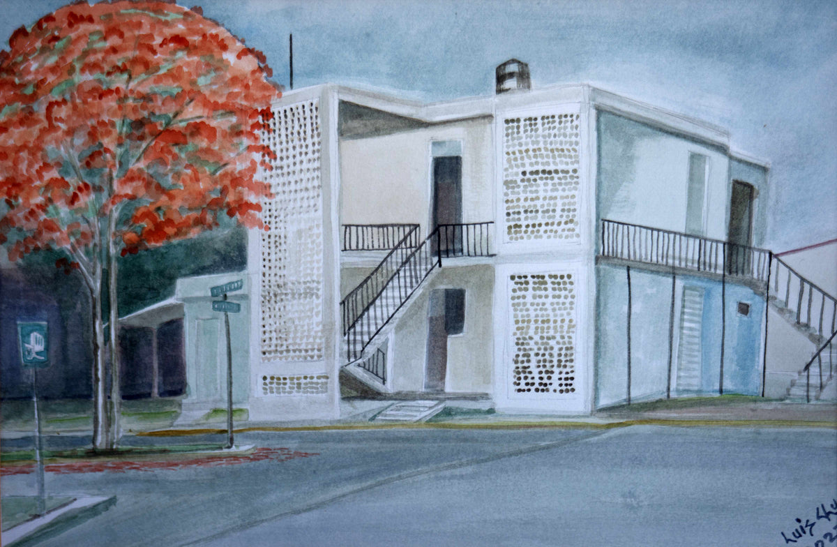Pintura acuarela "Antigua Delegación Municipal de Bacalar" por Luis Chuc, edificio blanco de dos pisos con árbol de flamboyán rojo