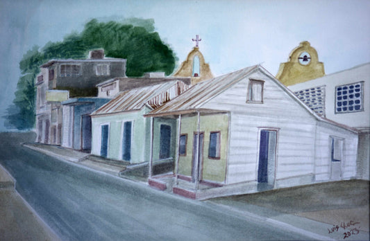 Pintura acuarela "Antiguo Molino y Tortillería de Bacalar" por Luis Chuc, casas coloniales con iglesia al fondo, 2023
