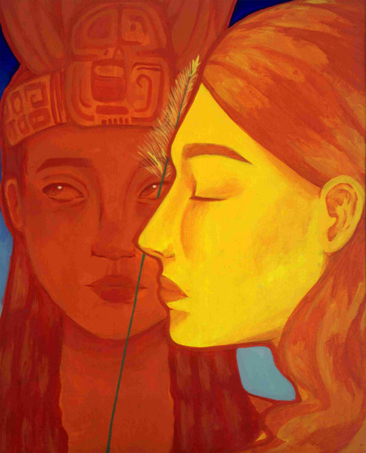 Pintura "Entre el agua y el cielo" por Celeste Padilla, dos rostros femeninos en tonos rojos y dorados con tocado maya