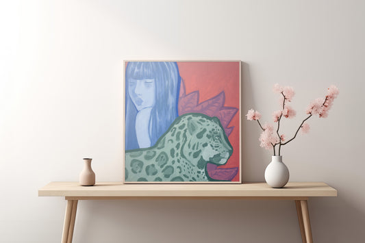 Pintura "Habitantes de la misma orilla" de Celeste Padilla enmarcada sobre mesa, arte contemporáneo mexicano