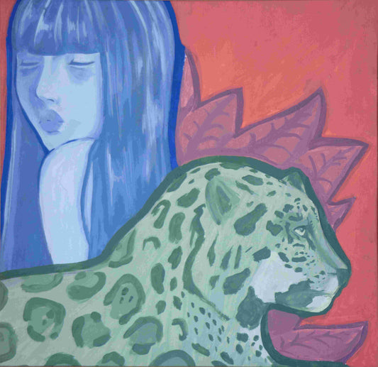 Pintura "Habitantes de la misma orilla" por Celeste Padilla, mujer de cabello azul junto a jaguar verde sobre fondo rojo