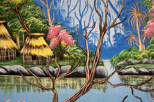 Detalle de pintura "Pirámide Maya entre la Selva y la Laguna", choza de palapa y árbol en flor junto a laguna, Guillermo Ortega