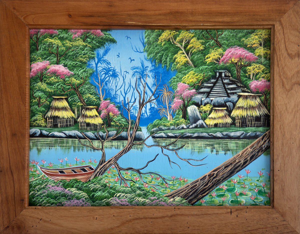 Pintura "Pirámide Maya entre la Selva y la Laguna" por Guillermo Ortega, pirámide, chozas de palapa, nenúfares y canoa en laguna