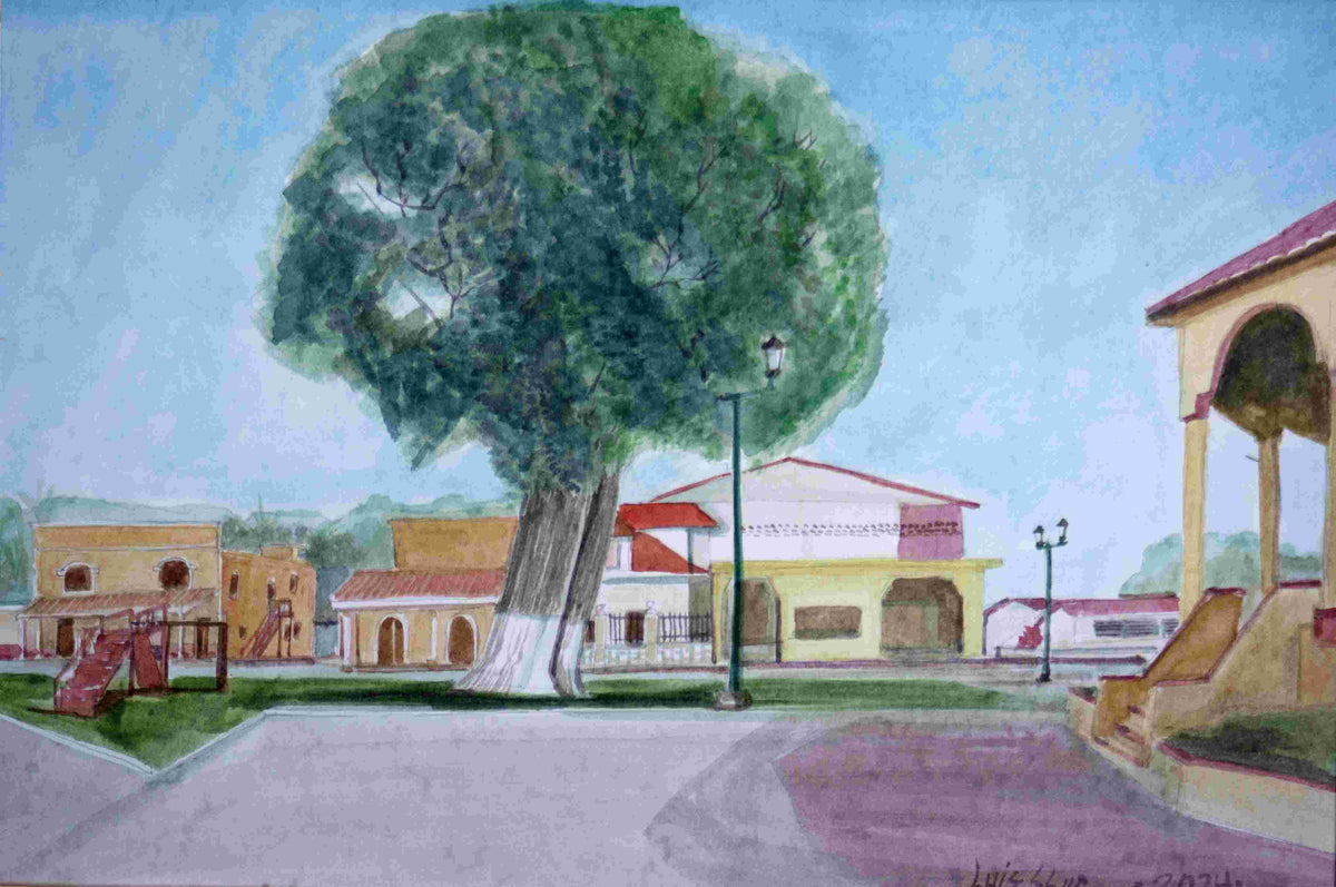 Pintura acuarela "Vista del Kiosco del Parque de Bacalar" por Luis Chuc, escena del parque de Bacalar con árbol frondoso y edificios coloniales.